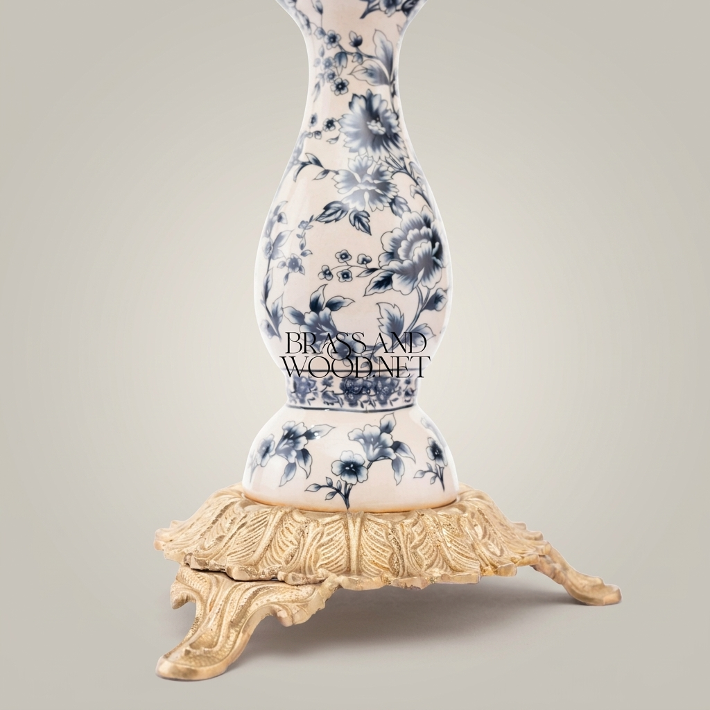 Rococo 3-Arm Candelabra with Blue Floral Porcelain Cups & Scrolled Brass Base — Antique Gold