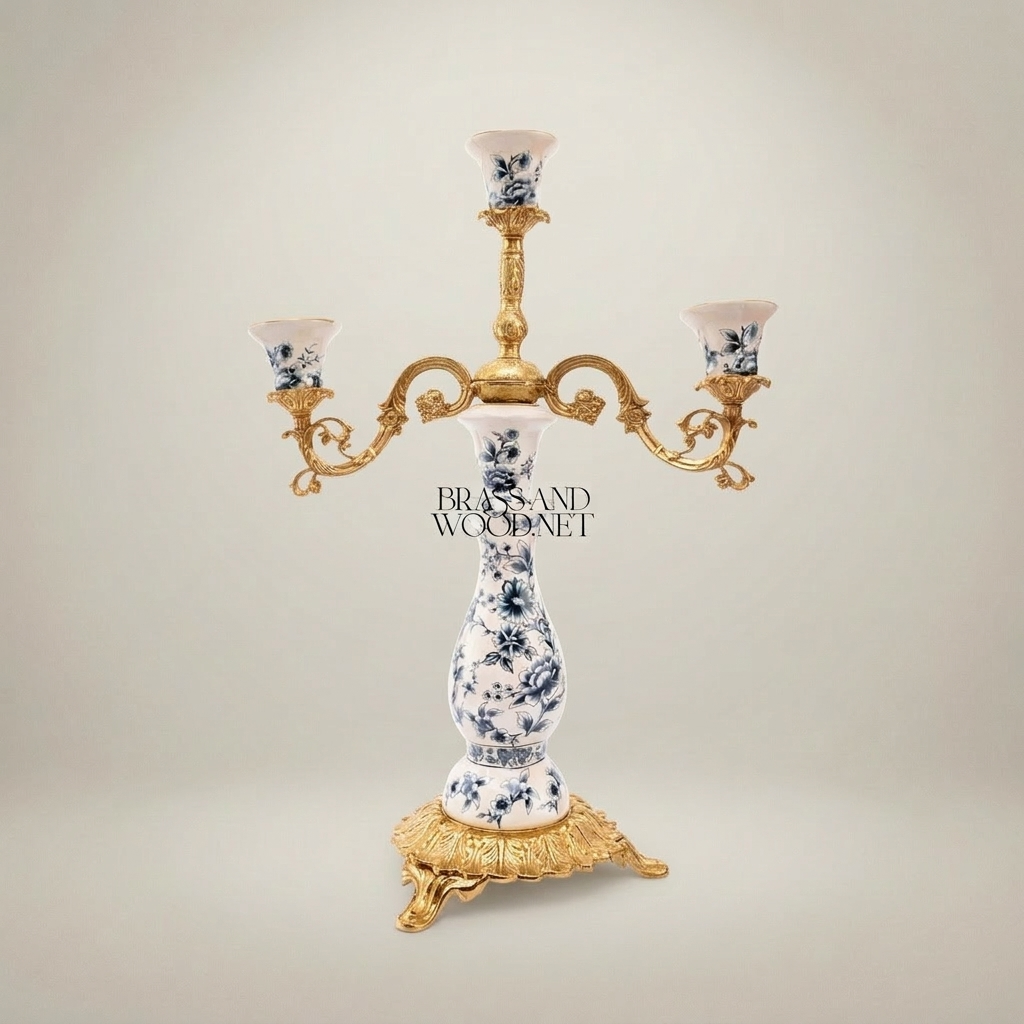 Rococo 3-Arm Candelabra with Blue Floral Porcelain Cups & Scrolled Brass Base