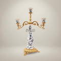 Rococo 3-Arm Candelabra with Blue Floral Porcelain Cups & Scrolled Brass Base — Gold