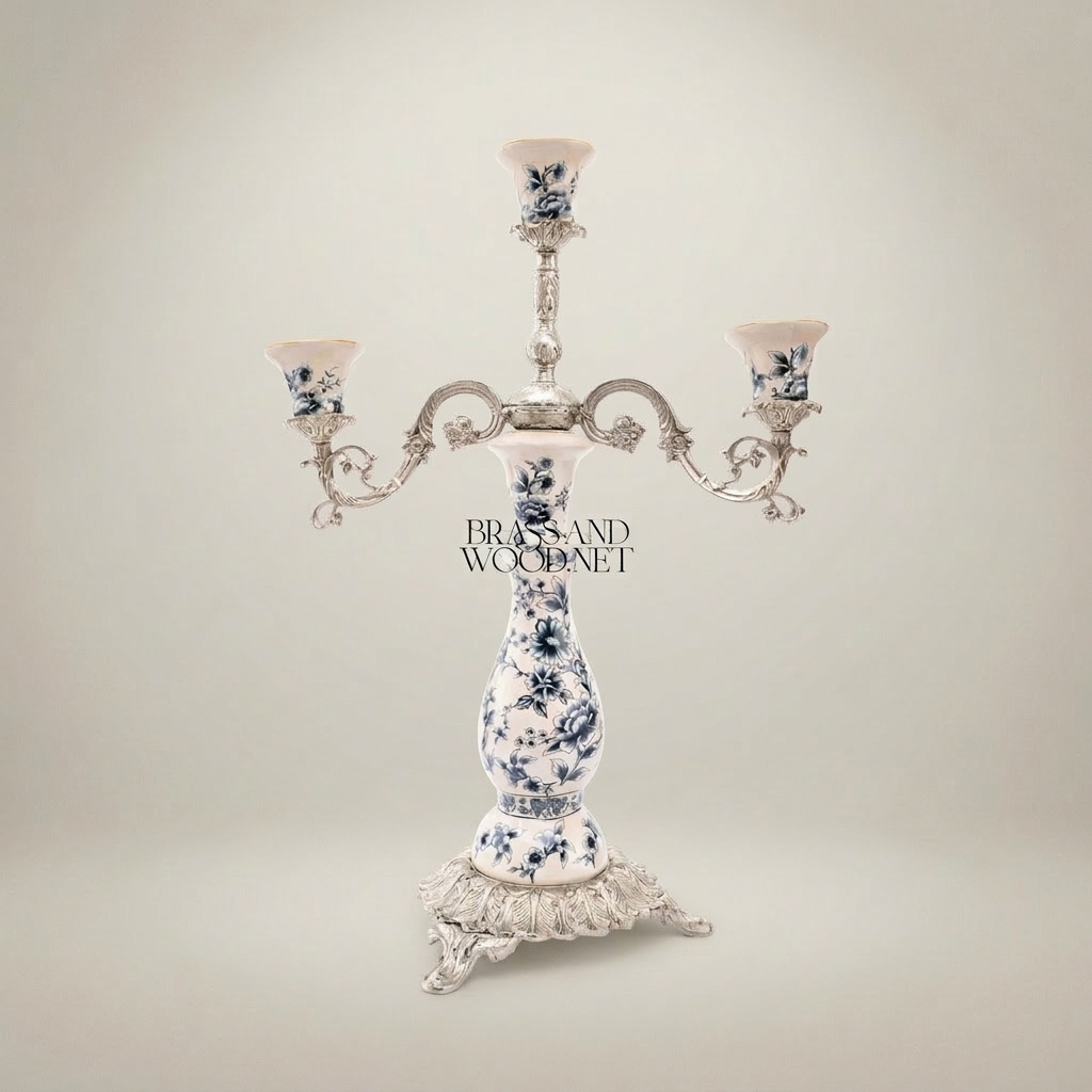 Rococo 3-Arm Candelabra with Blue Floral Porcelain Cups & Scrolled Brass Base — Silver