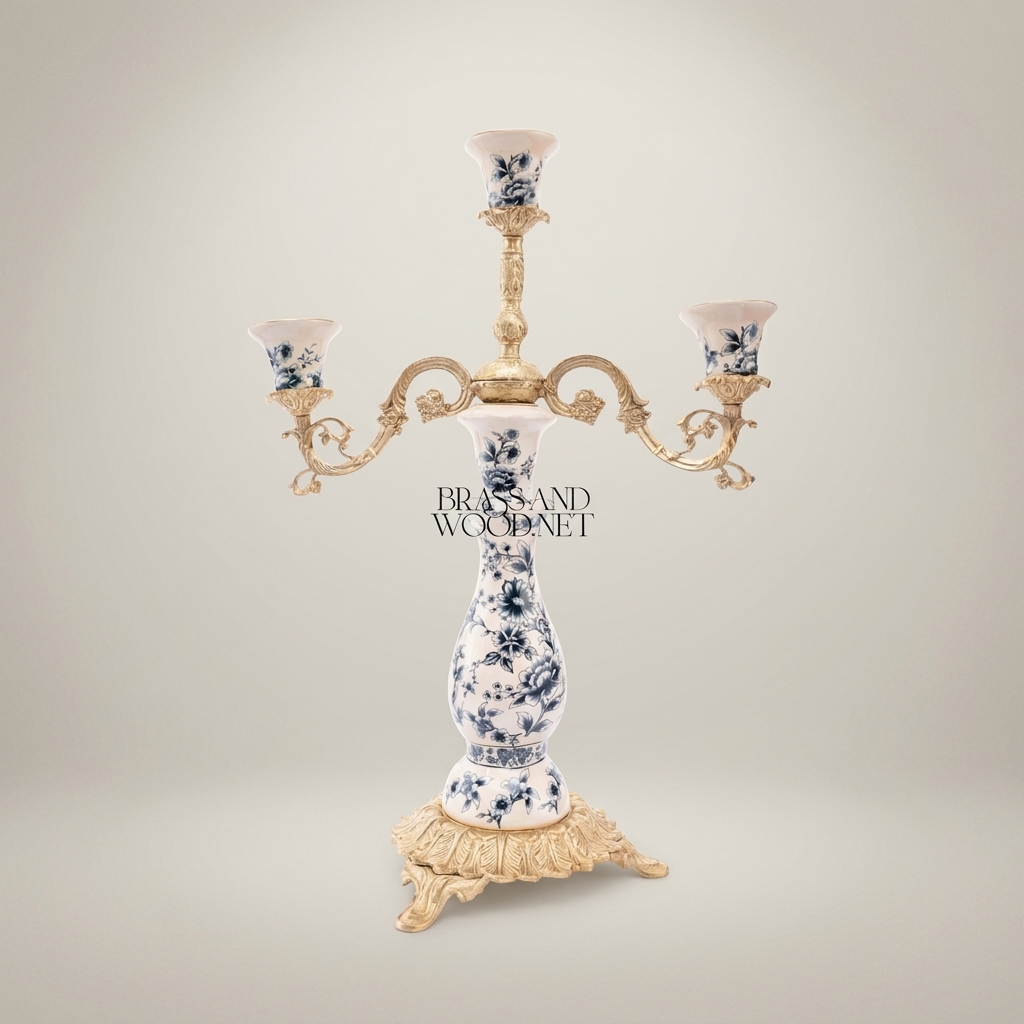 Rococo 3-Arm Candelabra with Blue Floral Porcelain Cups & Scrolled Brass Base — Antique Gold