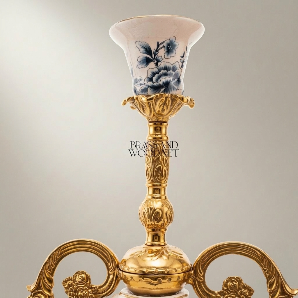 Rococo 3-Arm Candelabra with Blue Floral Porcelain Cups & Scrolled Brass Base