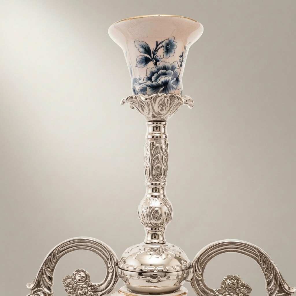 Rococo 3-Arm Candelabra with Blue Floral Porcelain Cups & Scrolled Brass Base — Silver