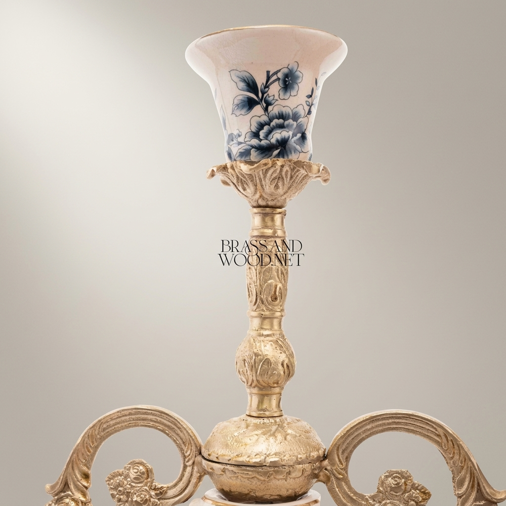 Rococo 3-Arm Candelabra with Blue Floral Porcelain Cups & Scrolled Brass Base — Antique Gold