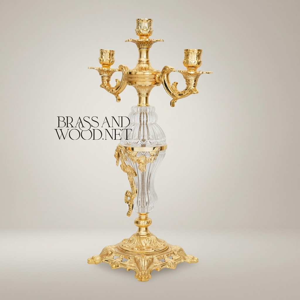 Rococo 3-Arm Candelabra with Faceted Crystal Column & Scrollwork Base