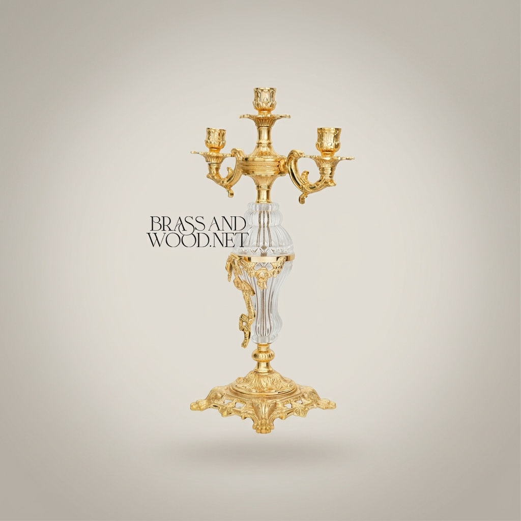 Rococo 3-Arm Candelabra with Faceted Crystal Column & Scrollwork Base