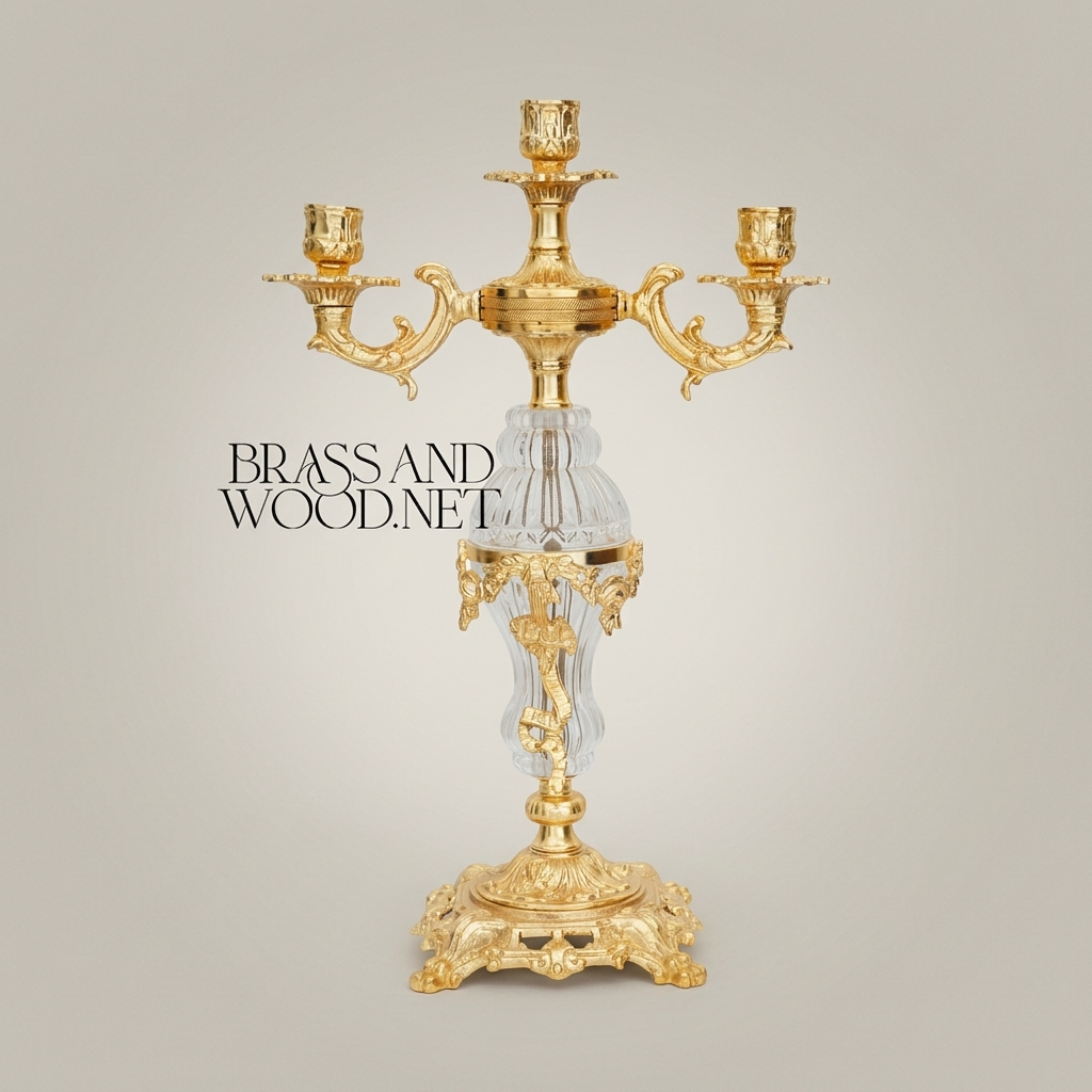 Rococo 3-Arm Candelabra with Faceted Crystal Column & Scrollwork Base — Gold