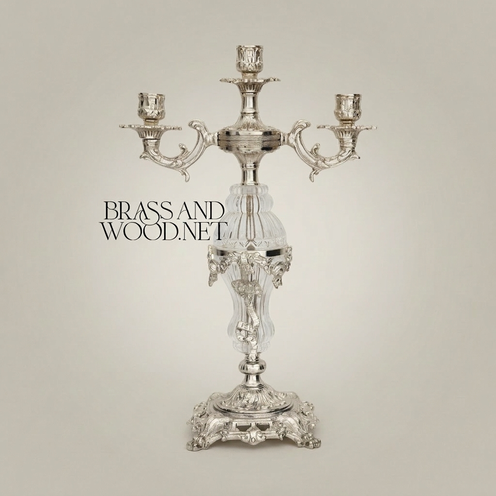 Rococo 3-Arm Candelabra with Faceted Crystal Column & Scrollwork Base — Silver