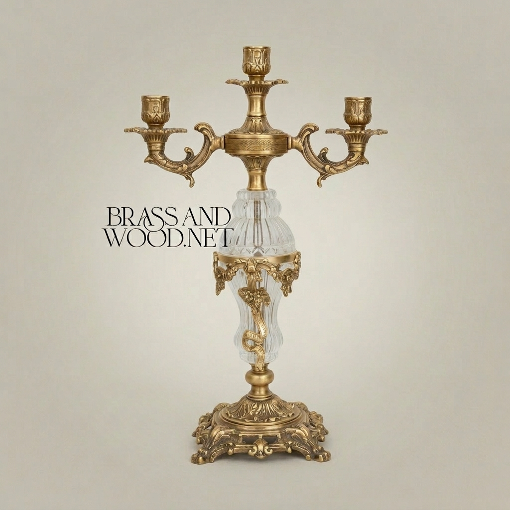 Rococo 3-Arm Candelabra with Faceted Crystal Column & Scrollwork Base — Antique Gold