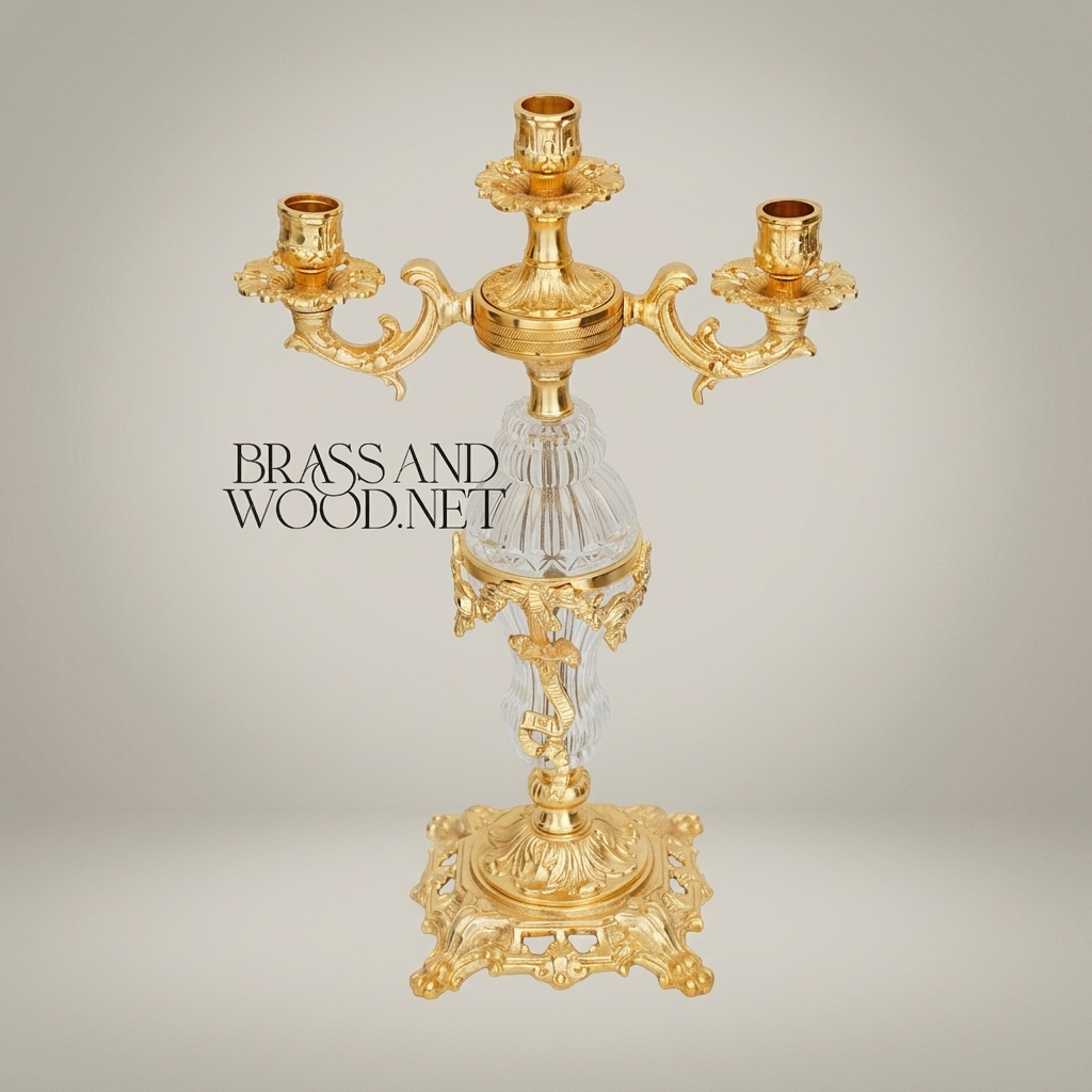 Rococo 3-Arm Candelabra with Faceted Crystal Column & Scrollwork Base — Gold