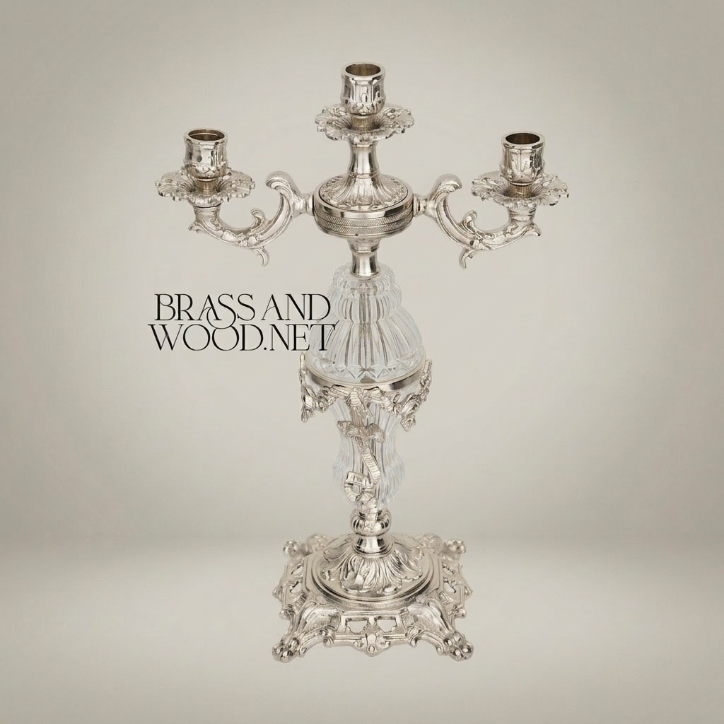 Rococo 3-Arm Candelabra with Faceted Crystal Column & Scrollwork Base — Silver