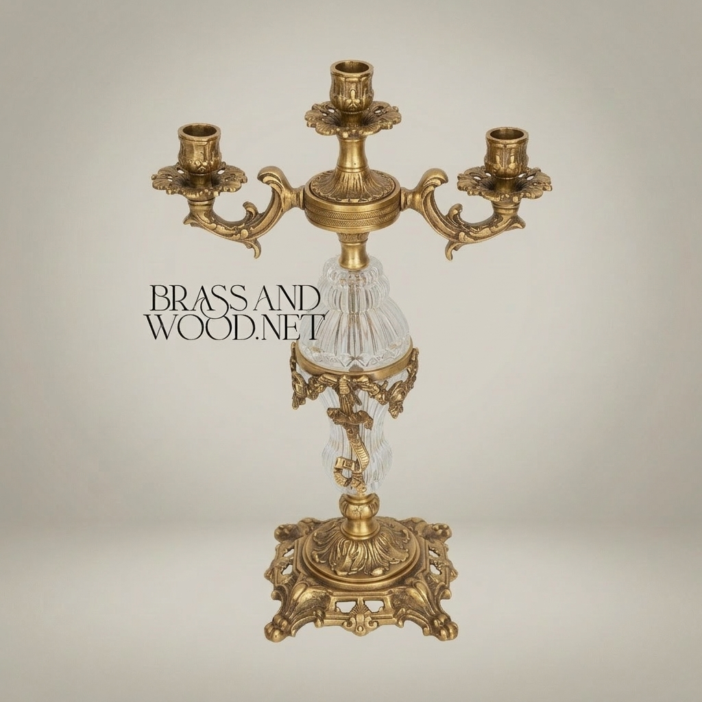 Rococo 3-Arm Candelabra with Faceted Crystal Column & Scrollwork Base — Antique Gold