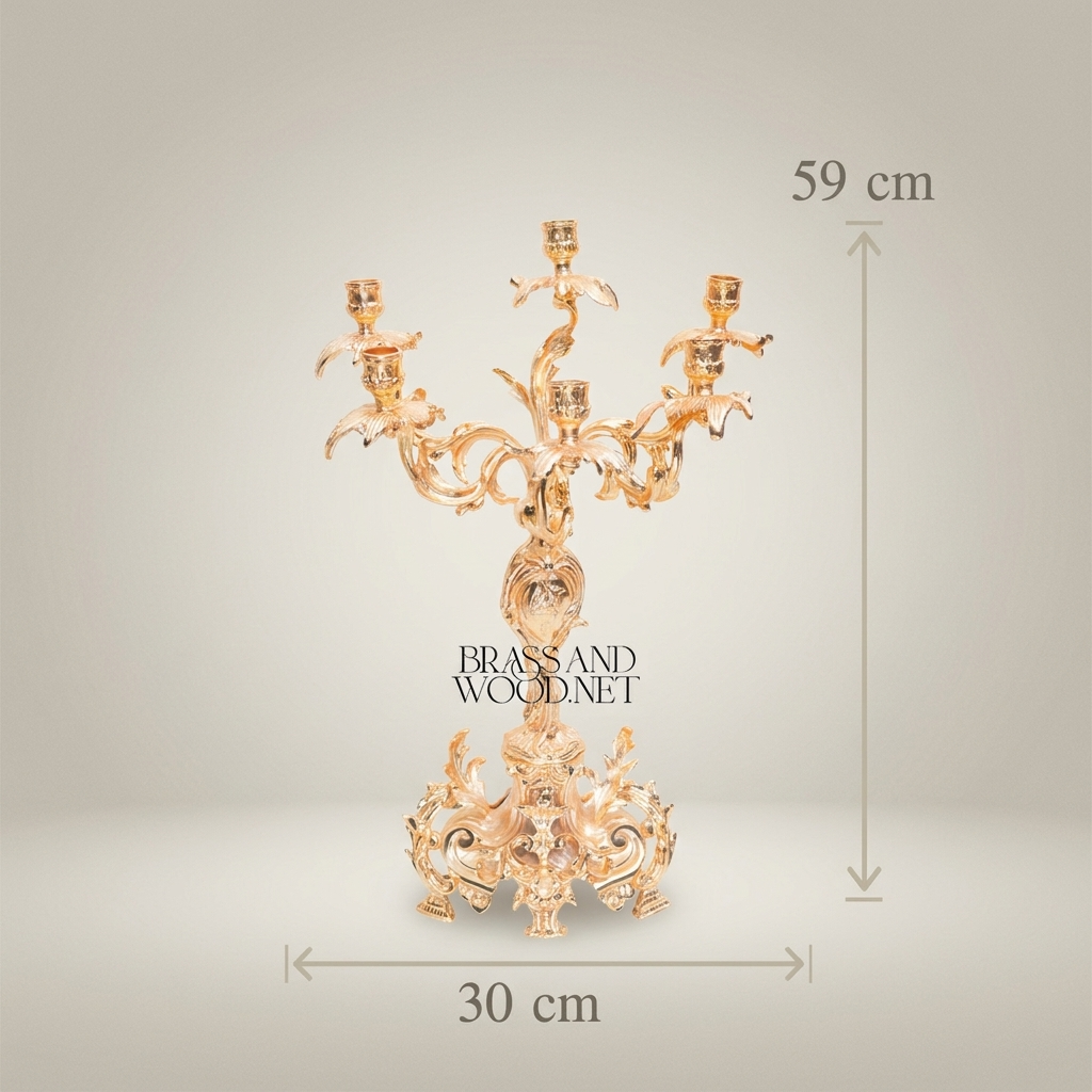 Rococo 5-Arm Brass Candelabra with Acanthus Scroll Base — Gold