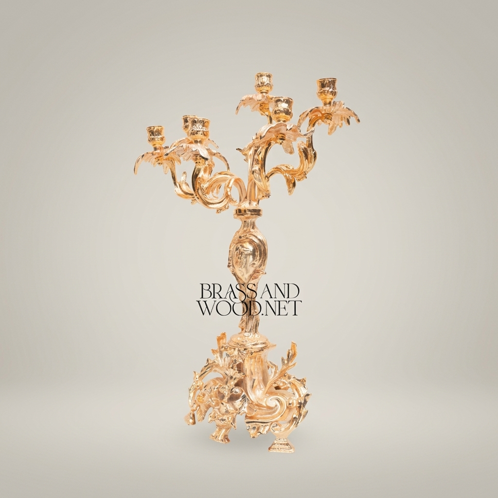 Rococo 5-Arm Brass Candelabra with Acanthus Scroll Base — Gold