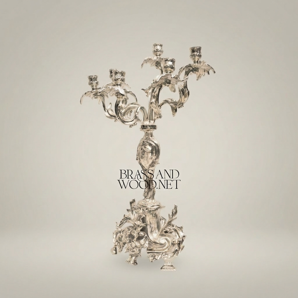 Rococo 5-Arm Brass Candelabra with Acanthus Scroll Base — Silver