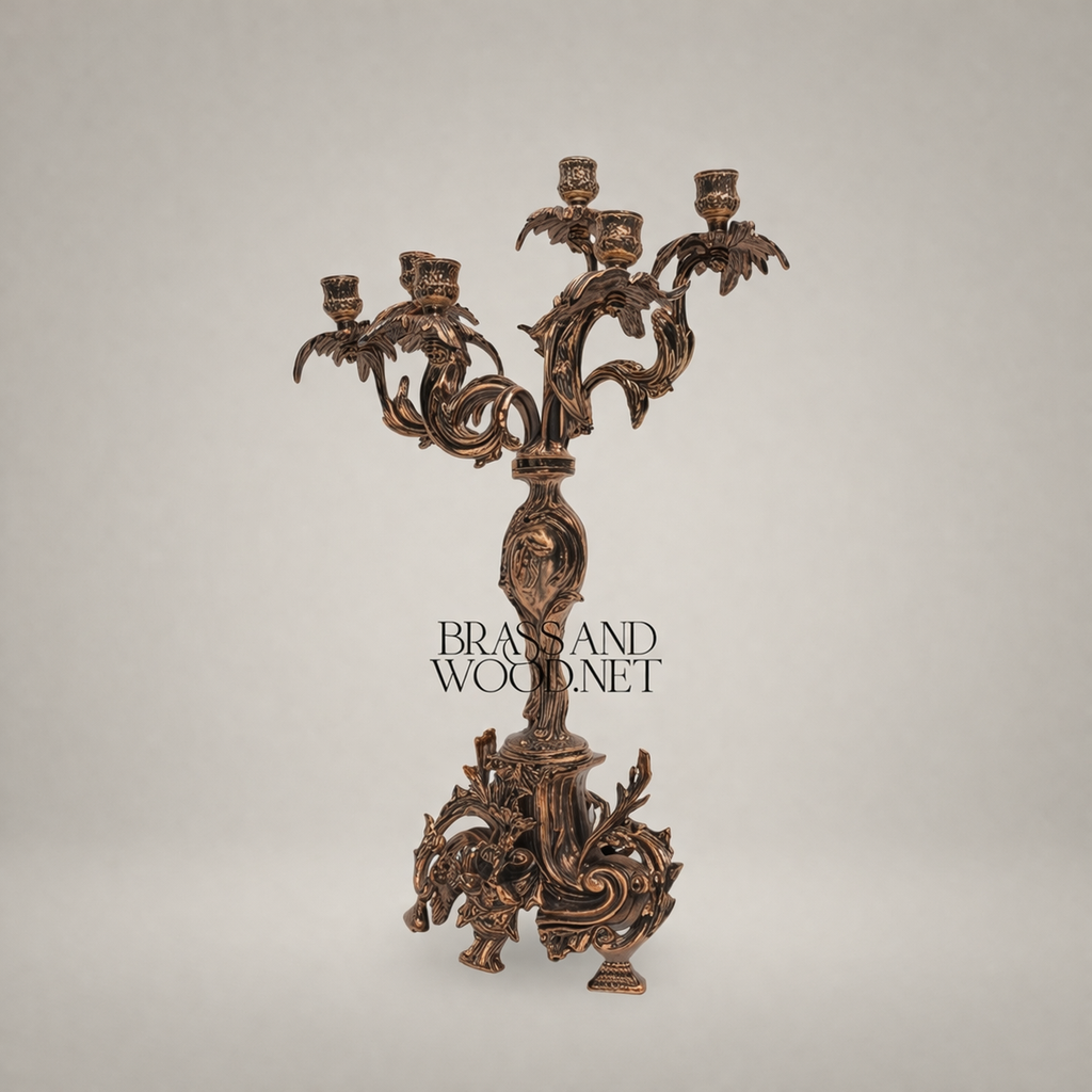 Rococo 5-Arm Brass Candelabra with Acanthus Scroll Base — Antique Gold