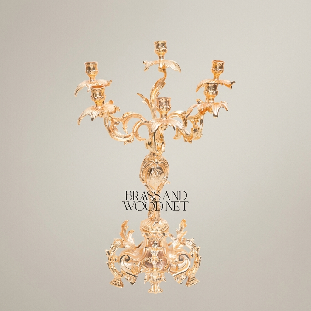 Rococo 5-Arm Brass Candelabra with Acanthus Scroll Base — Gold