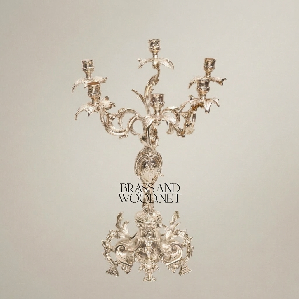 Rococo 5-Arm Brass Candelabra with Acanthus Scroll Base — Silver