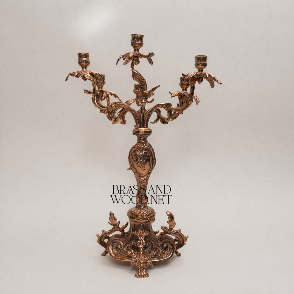 Rococo 5-Arm Brass Candelabra with Acanthus Scroll Base — Antique Gold