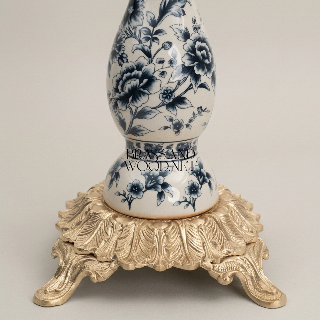 Rococo 5-Arm Candelabra with Blue Floral Porcelain & Scrolled Brass Arms — Antique Gold