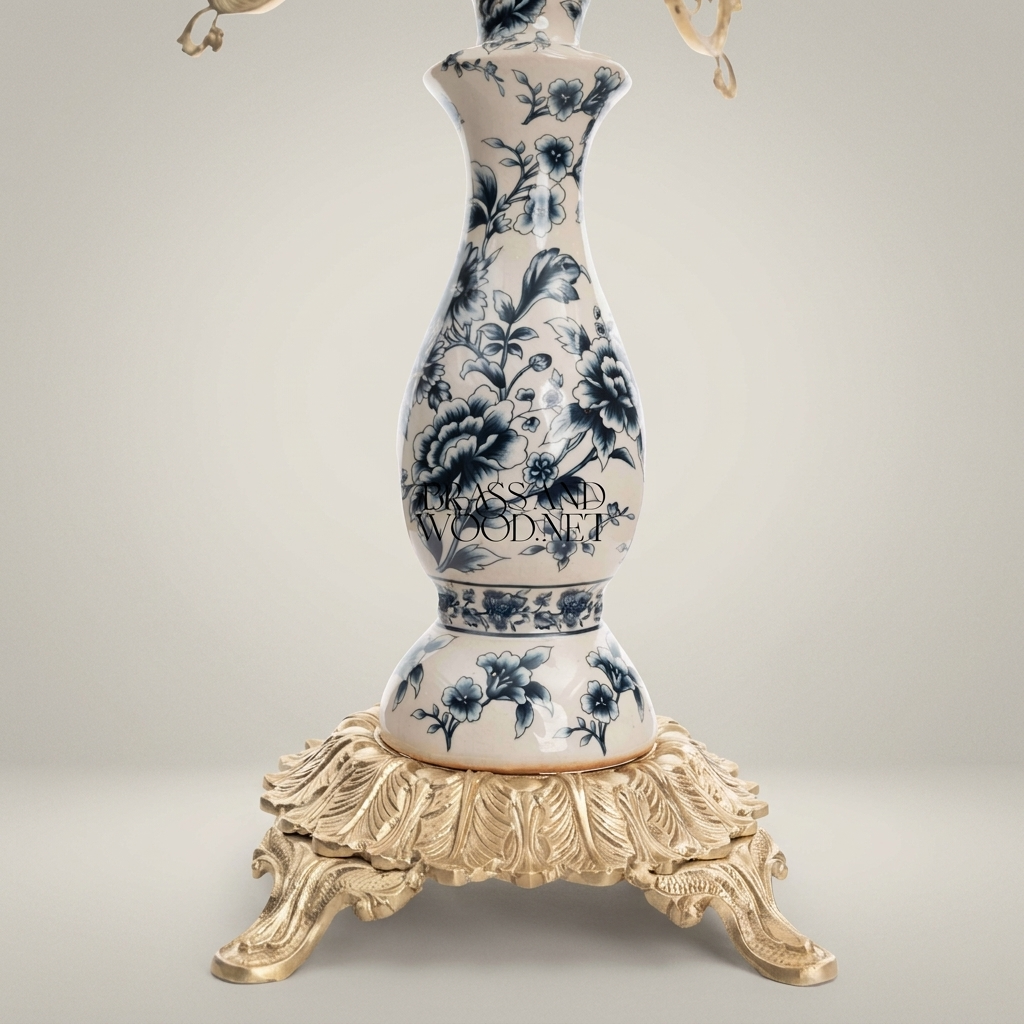 Rococo 5-Arm Candelabra with Blue Floral Porcelain & Scrolled Brass Arms — Antique Gold