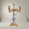 Rococo 5-Arm Candelabra with Blue Floral Porcelain & Scrolled Brass Arms — Gold