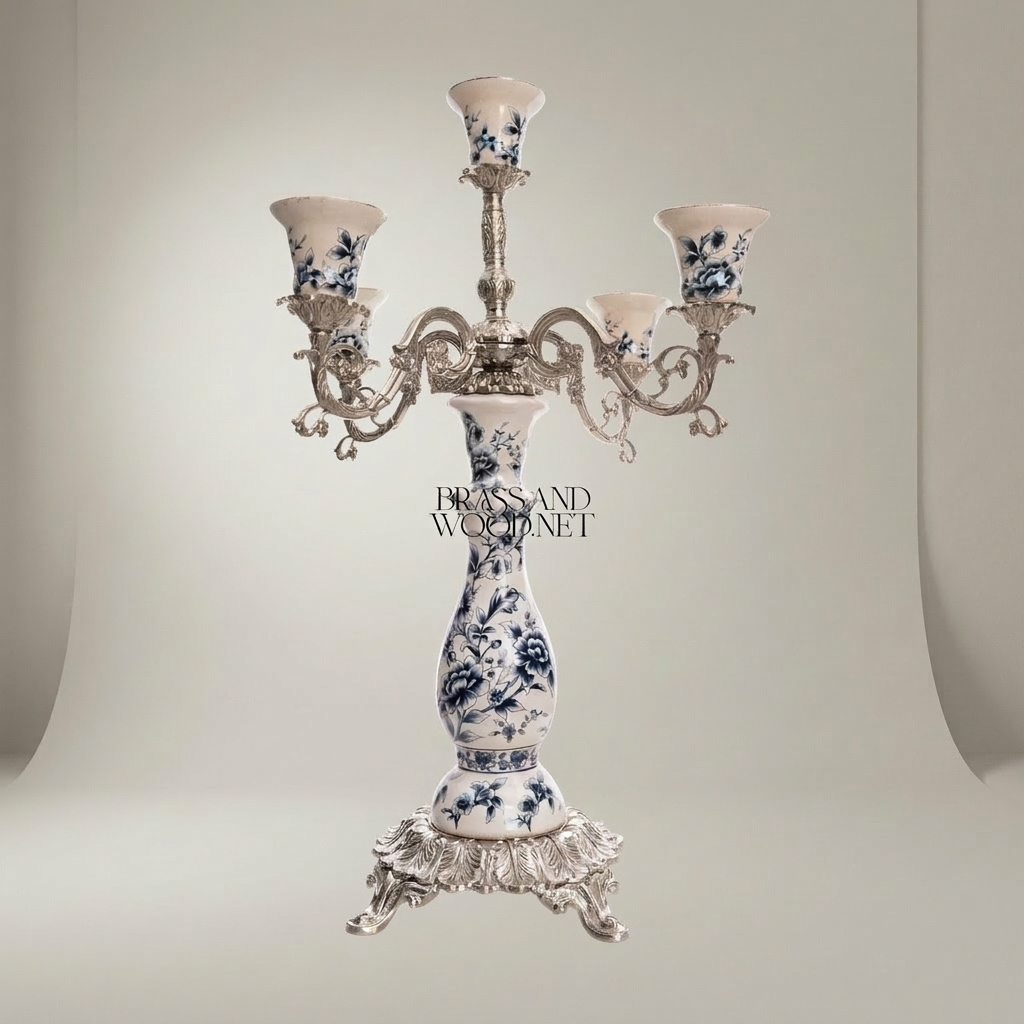 Rococo 5-Arm Candelabra with Blue Floral Porcelain & Scrolled Brass Arms — Silver