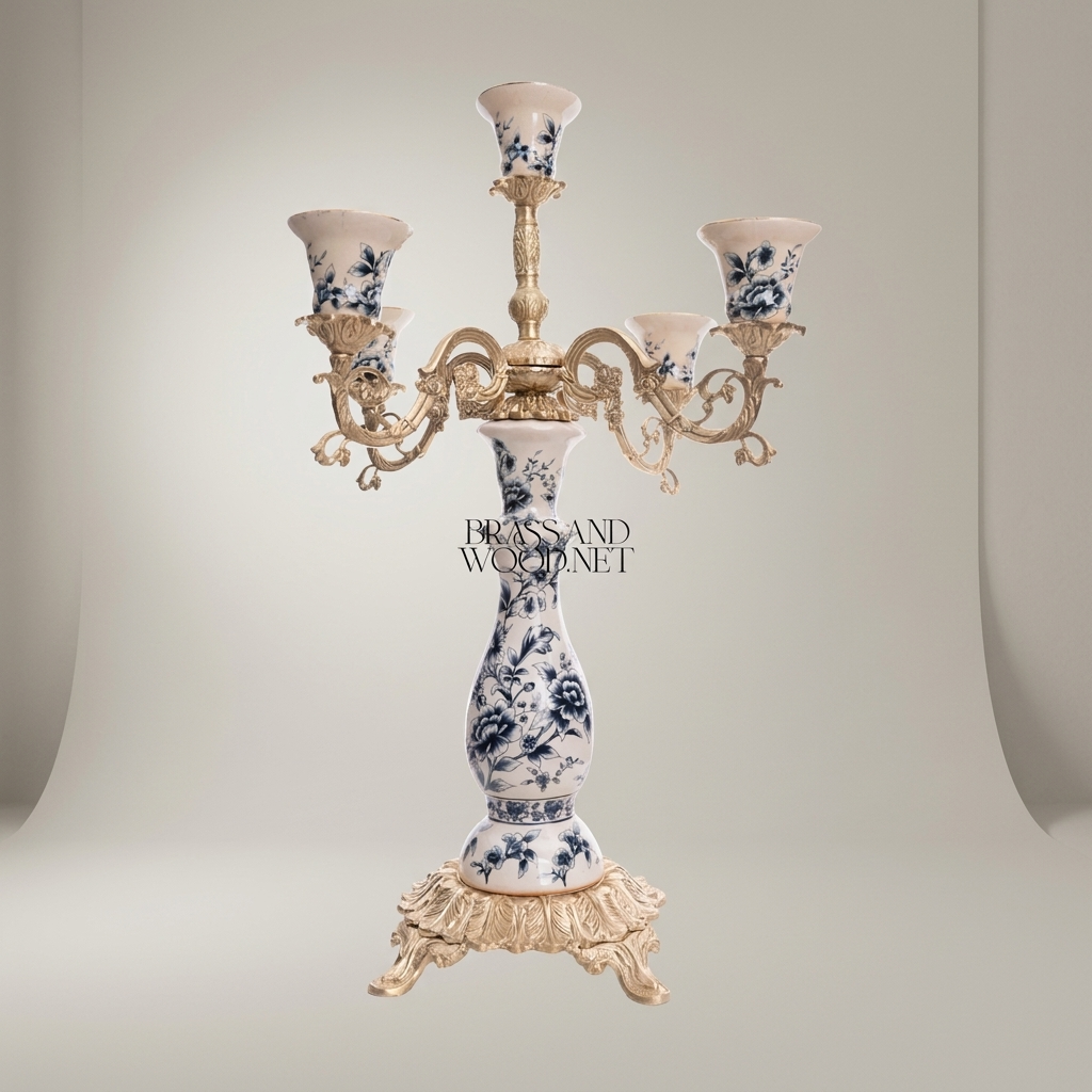 Rococo 5-Arm Candelabra with Blue Floral Porcelain & Scrolled Brass Arms — Antique Gold