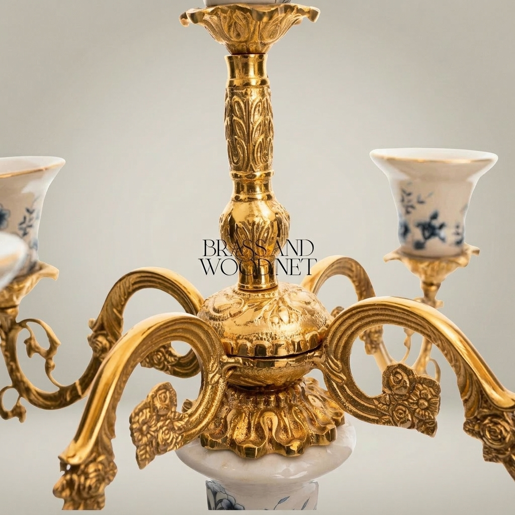 Rococo 5-Arm Candelabra with Blue Floral Porcelain & Scrolled Brass Arms