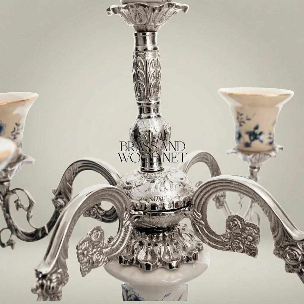 Rococo 5-Arm Candelabra with Blue Floral Porcelain & Scrolled Brass Arms — Silver
