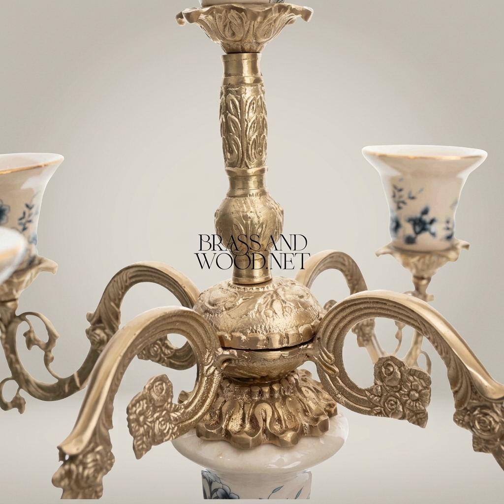 Rococo 5-Arm Candelabra with Blue Floral Porcelain & Scrolled Brass Arms — Antique Gold