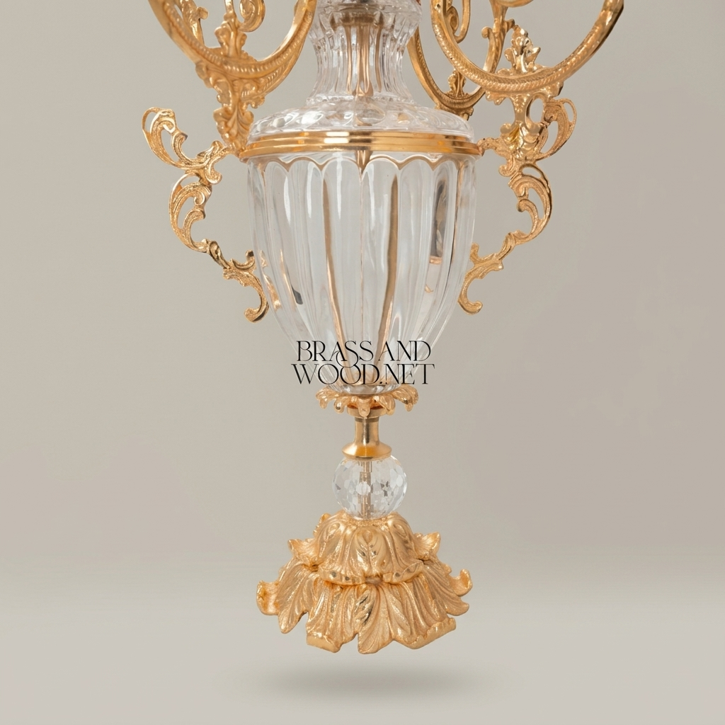 Rococo 5-Arm Crystal & Brass Candelabra with Fluted Urn Body — Gold