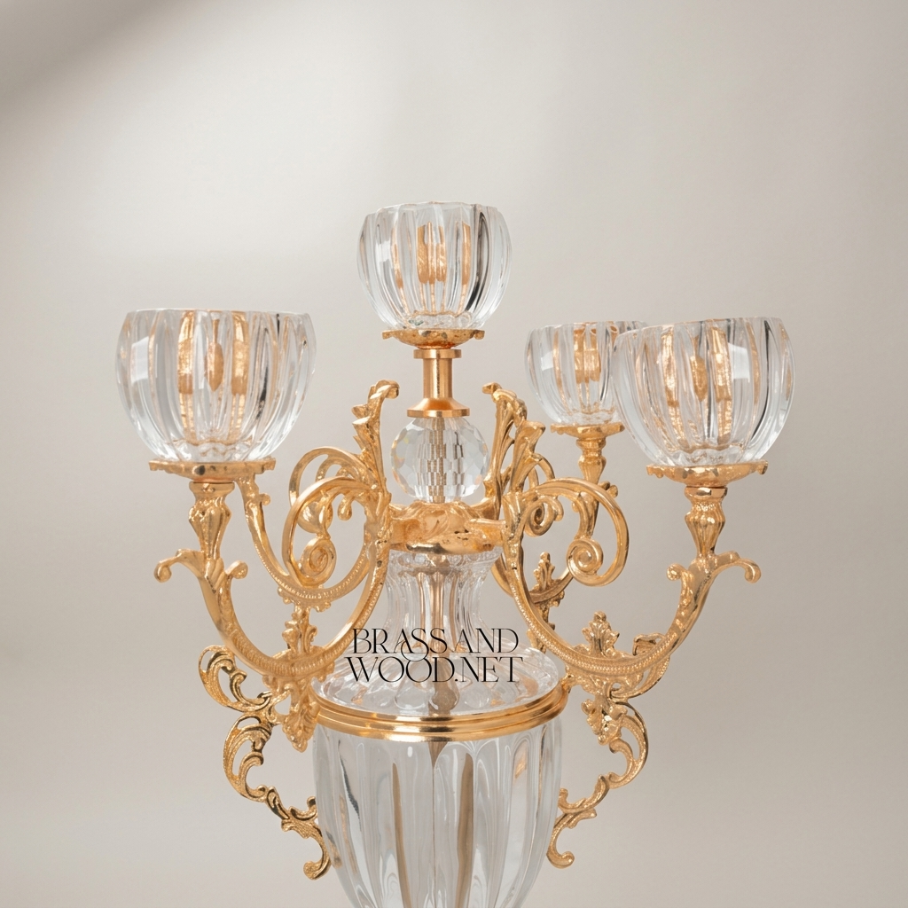 Rococo 5-Arm Crystal & Brass Candelabra with Fluted Urn Body — Gold