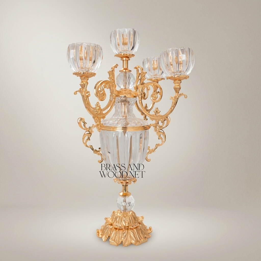 Rococo 5-Arm Crystal & Brass Candelabra with Fluted Urn Body