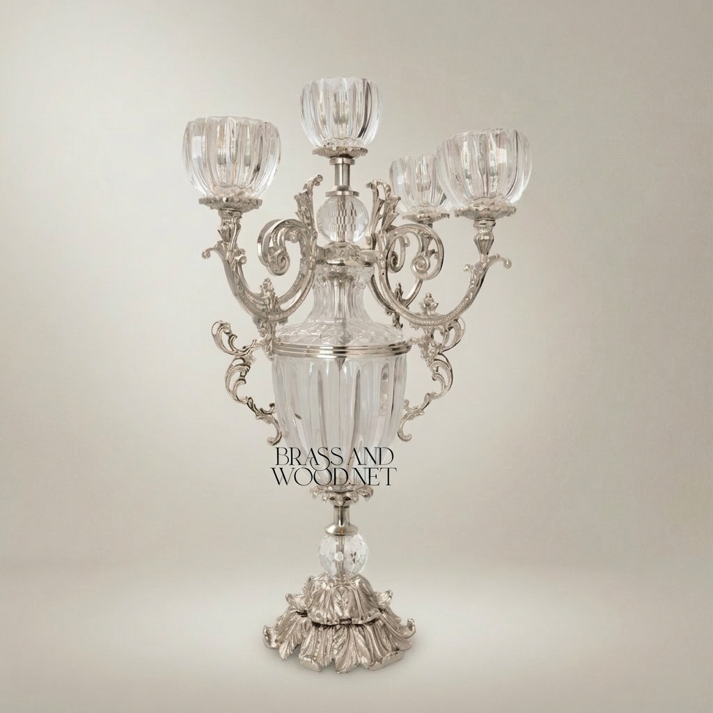 Rococo 5-Arm Crystal & Brass Candelabra with Fluted Urn Body — Silver
