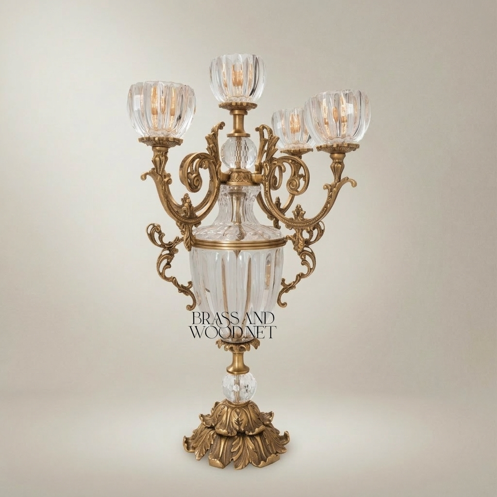 Rococo 5-Arm Crystal & Brass Candelabra with Fluted Urn Body — Antique Gold