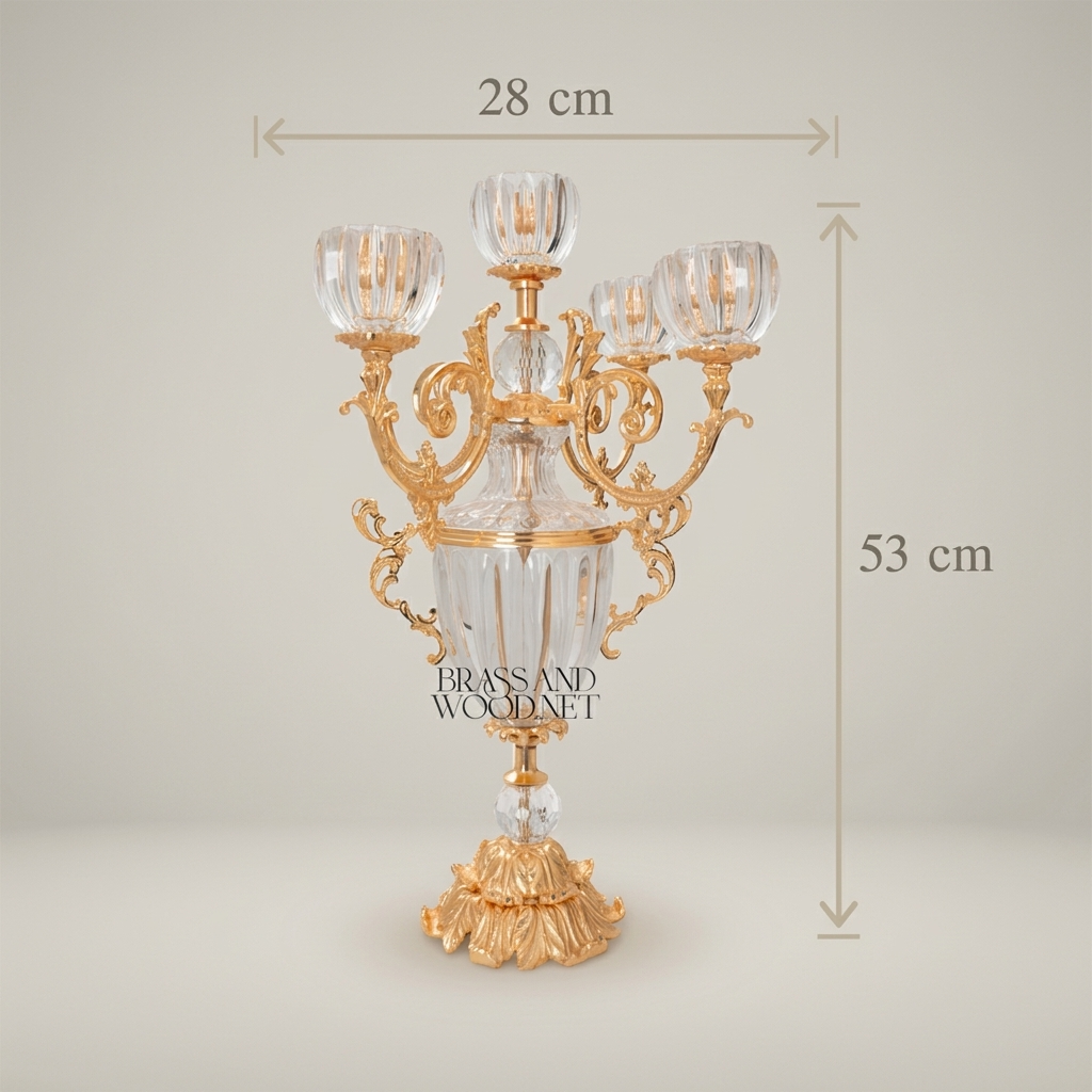 Rococo 5-Arm Crystal & Brass Candelabra with Fluted Urn Body — Gold
