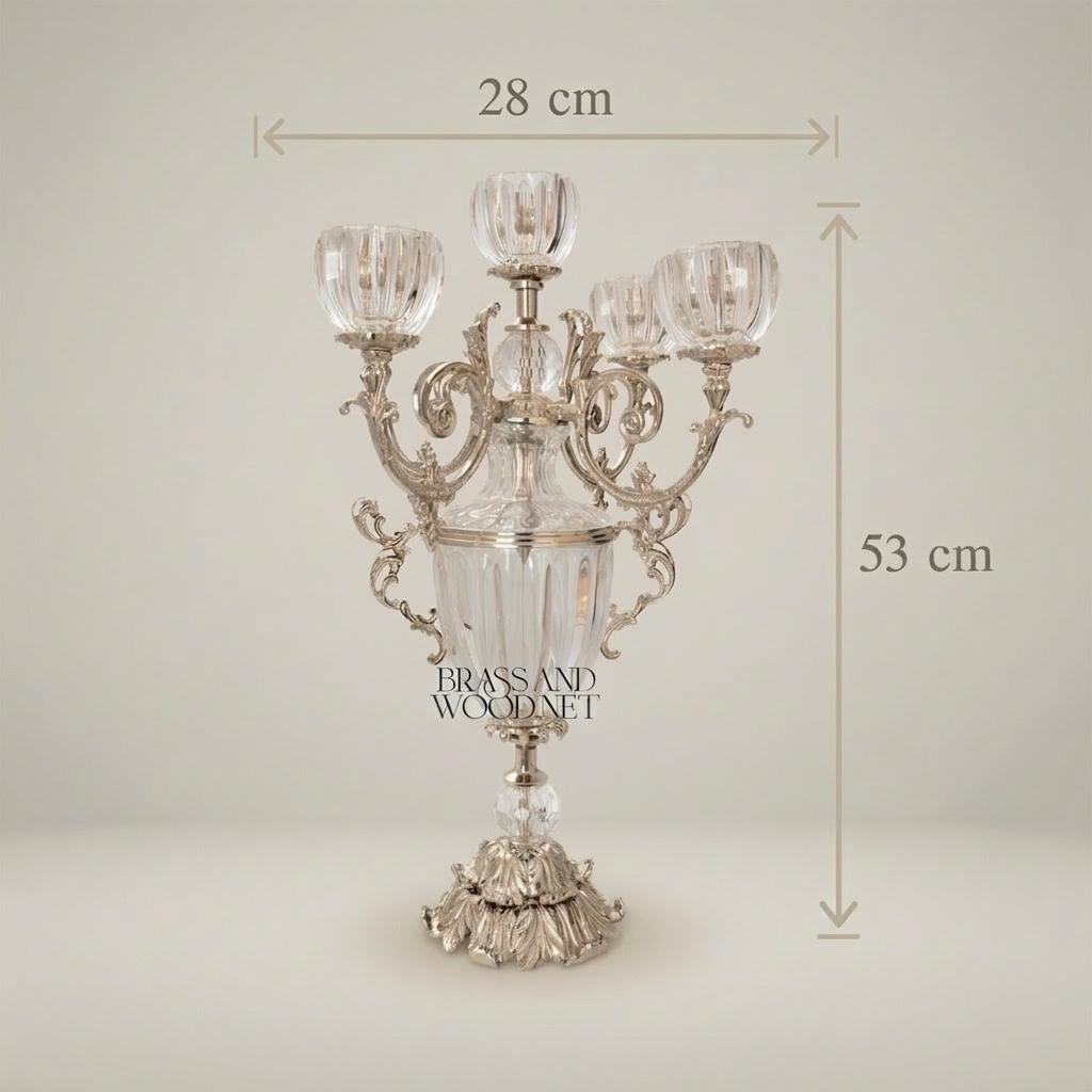Rococo 5-Arm Crystal & Brass Candelabra with Fluted Urn Body — Silver