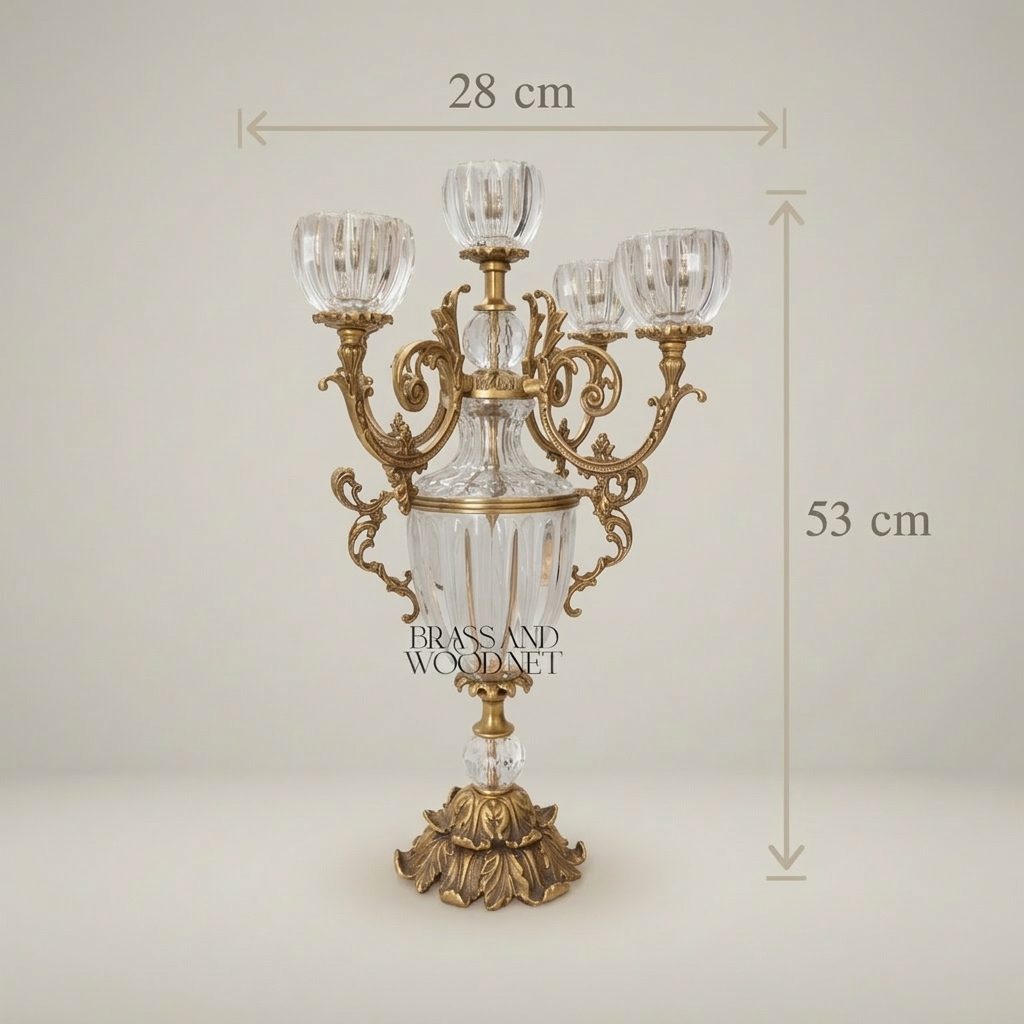 Rococo 5-Arm Crystal & Brass Candelabra with Fluted Urn Body — Antique Gold
