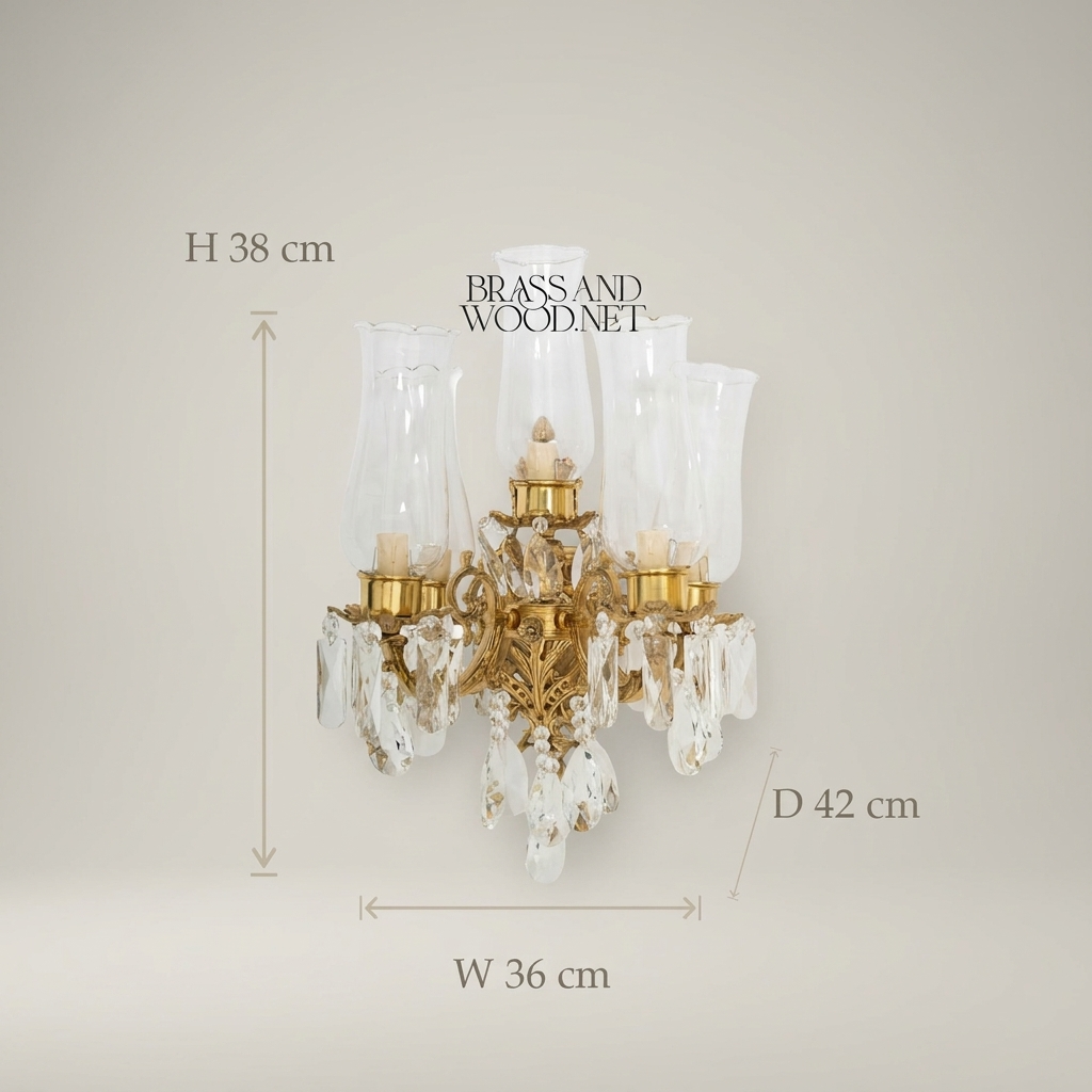 Rococo 5-Arm Wall Sconce with Crystal Drops & Hurricane Glass Shades — Antique Gold
