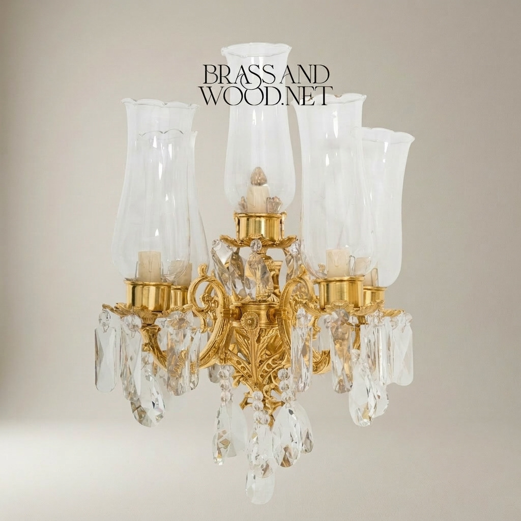 Rococo 5-Arm Wall Sconce with Crystal Drops & Hurricane Glass Shades