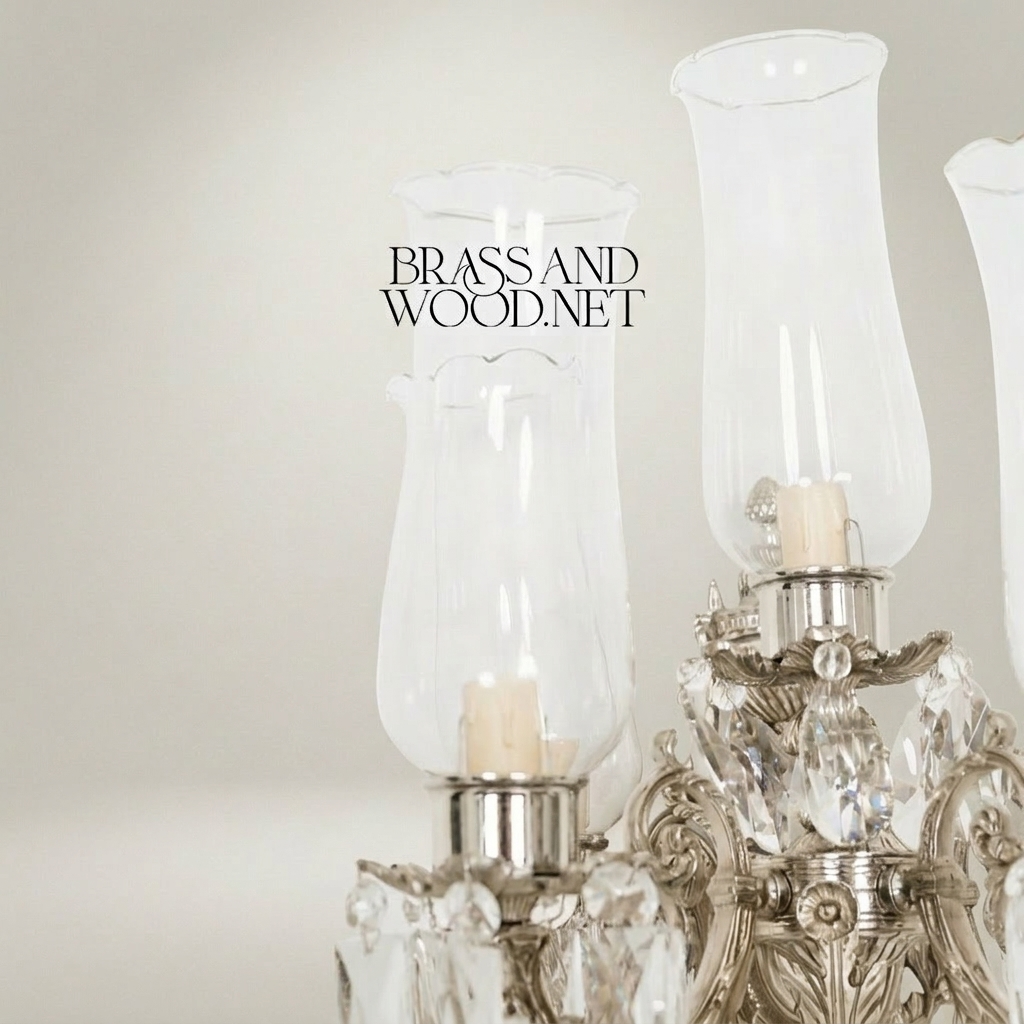 Rococo 5-Arm Wall Sconce with Crystal Drops & Hurricane Glass Shades — Silver
