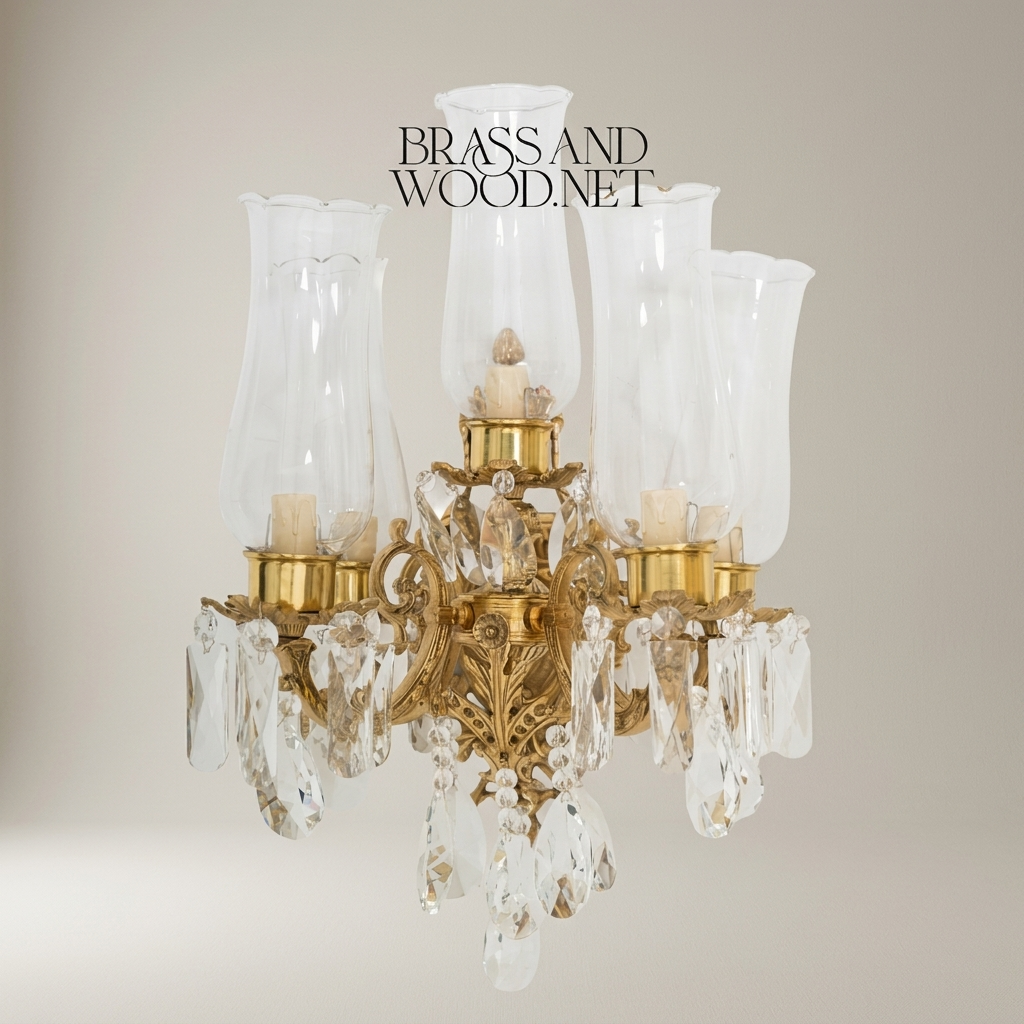 Rococo 5-Arm Wall Sconce with Crystal Drops & Hurricane Glass Shades — Antique Gold