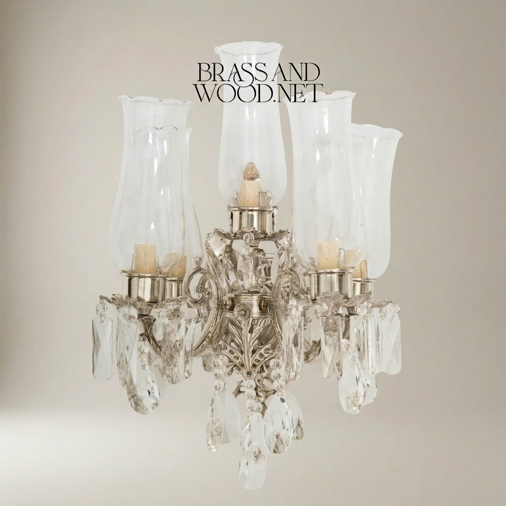 Rococo 5-Arm Wall Sconce with Crystal Drops & Hurricane Glass Shades — Silver