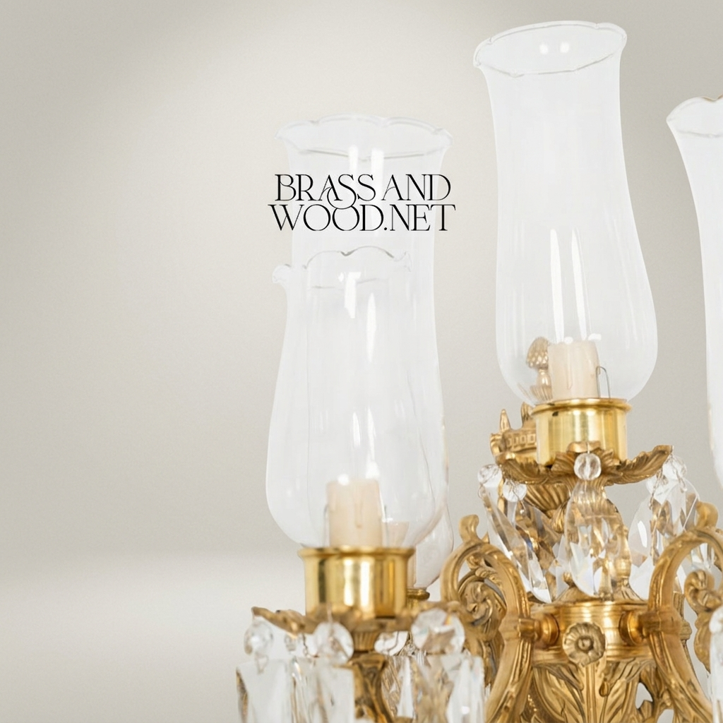 Rococo 5-Arm Wall Sconce with Crystal Drops & Hurricane Glass Shades — Antique Gold
