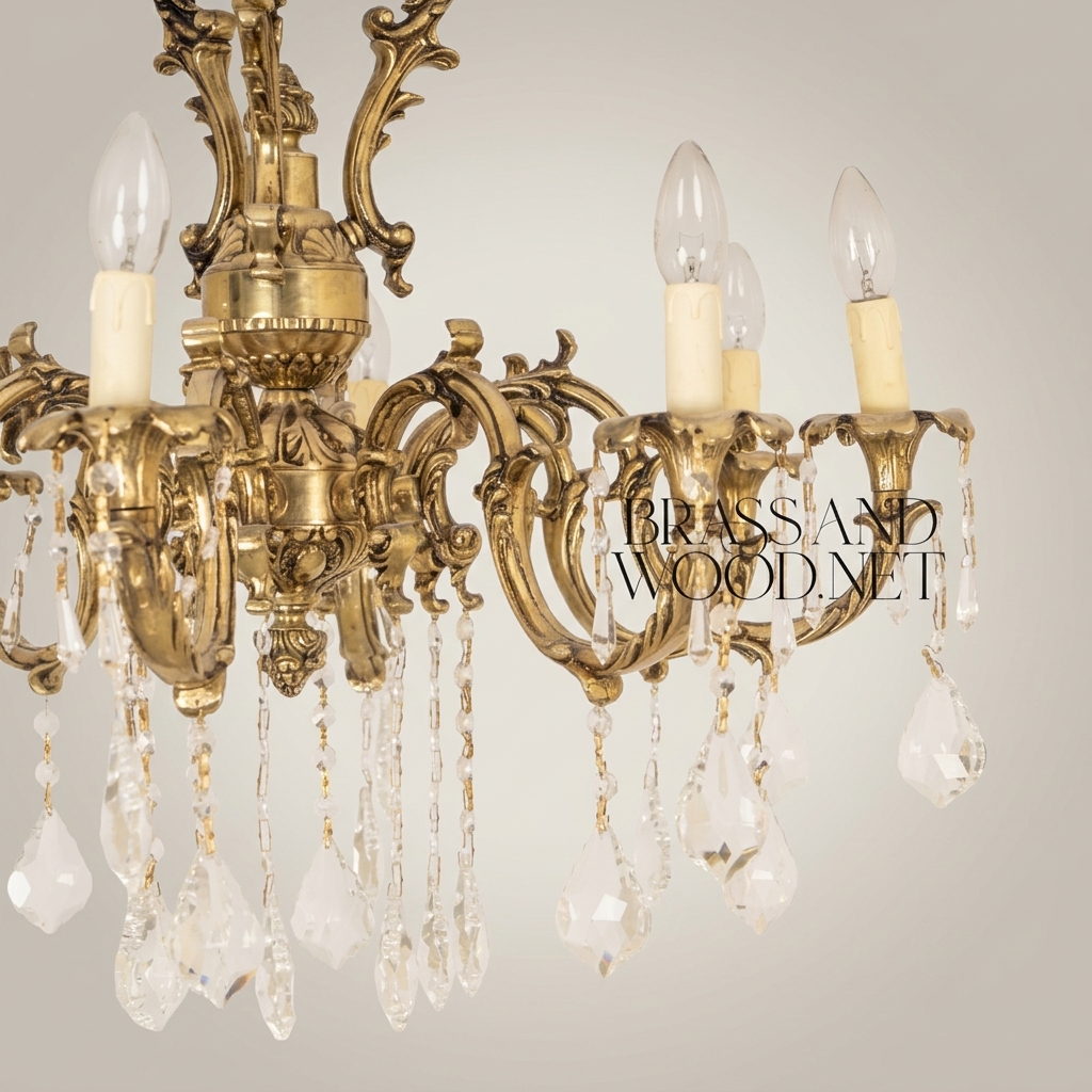 Rococo 8-Arm Brass Crystal Chandelier with Cascading Drops — Antique Gold