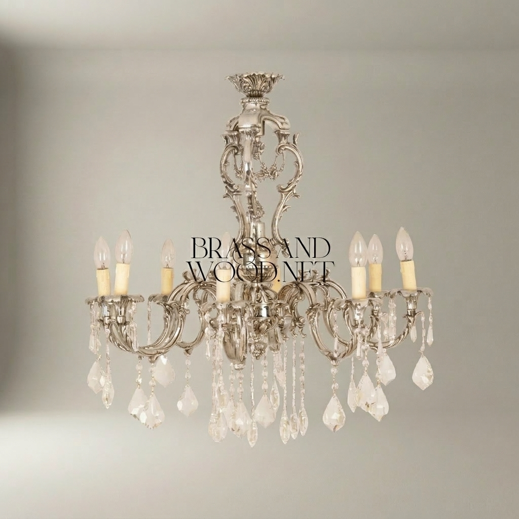 Rococo 8-Arm Brass Crystal Chandelier with Cascading Drops — Silver