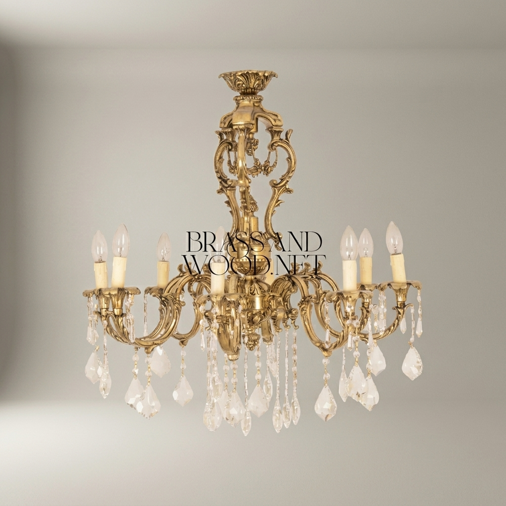 Rococo 8-Arm Brass Crystal Chandelier with Cascading Drops — Antique Gold