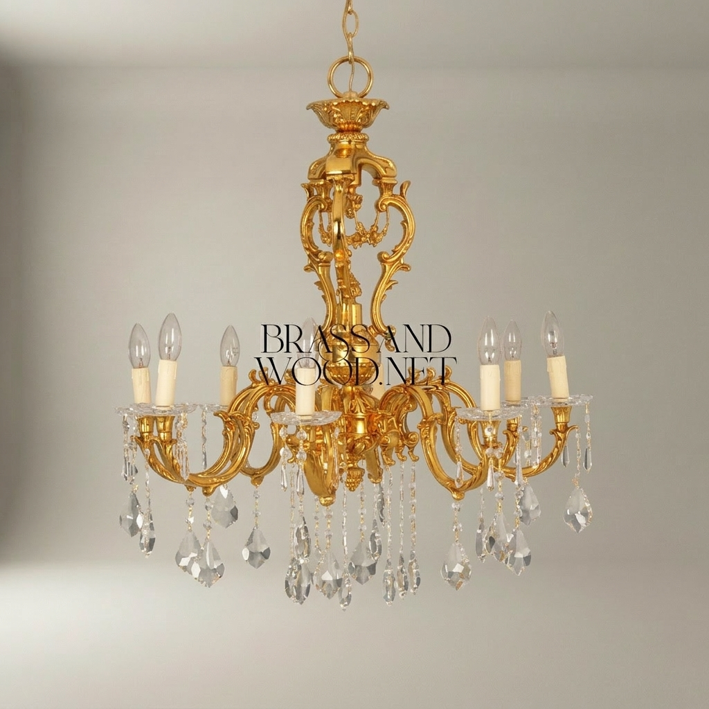 Rococo 8-Arm Brass Crystal Chandelier with Cascading Drops — Gold