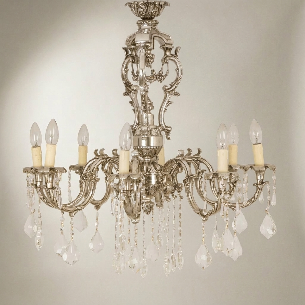 Rococo 8-Arm Brass Crystal Chandelier with Cascading Drops — Silver